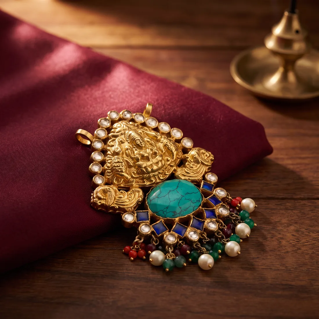 A Nitaris marketing photo of a gold temple pendant on maroon silk, previewed inside the Shopify admin